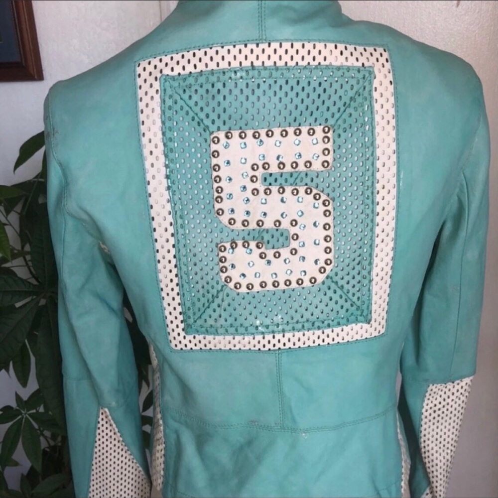 Leather Turquoise distressed Biker Jacket NWOT